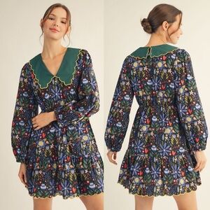 Blue green paisley floral peterpan collar boho western ruffle ruffle midi dress